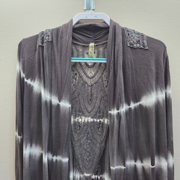 Lucie Lu Crochet Detail Open Front Waterfall Jersey Knit Cardigan Tie Dye Brown - Picture 4 of 12